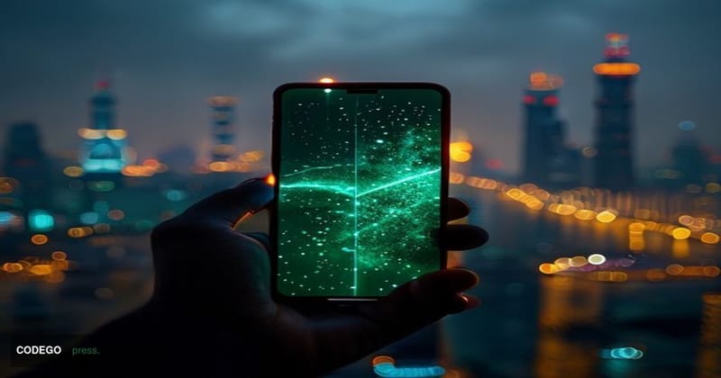 A cinematic editorial photograph of a glowing smartphone displaying the WeChat green logo on its screen, held in a human hand