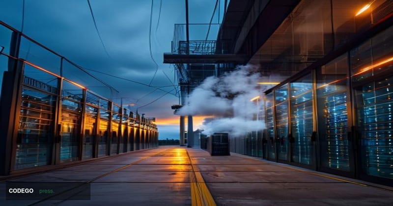 A dramatic cinematic editorial photograph shot at golden hour, showing a large industrial data center facility with rows of h