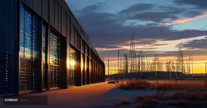 A dramatic cinematic editorial photograph of a large-scale industrial data center facility at dusk, set against an open Ameri