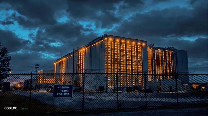 A dramatic exterior shot of a large industrial data center facility in upstate New York state, shot at dusk with storm clouds