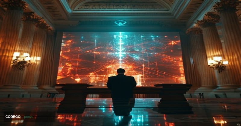 A dramatic cinematic editorial photograph set inside a monumental marble US federal regulatory chamber, viewed from a low ang