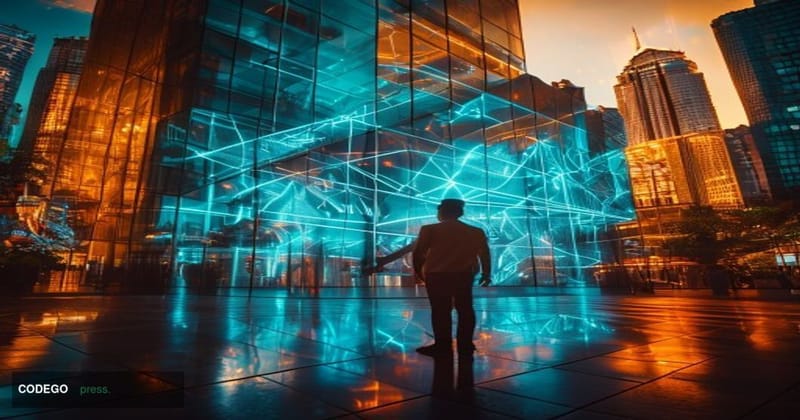 A cinematic editorial photograph set in a vibrant Latin American financial district, with a modern glass-and-steel exchange b