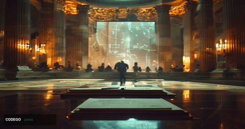 A cinematic editorial photograph set inside a grand, marble-columned US Senate hearing chamber, shot from a low angle looking