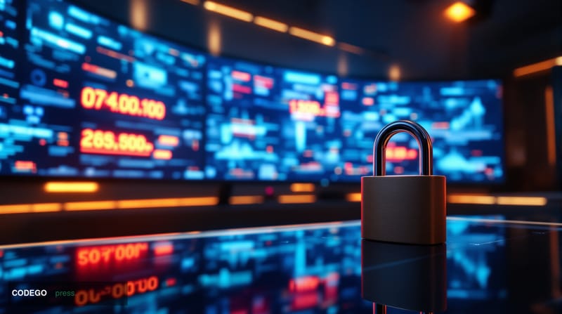 A cinematic editorial photograph set inside a sleek, high-security financial compliance operations center, with multiple curv