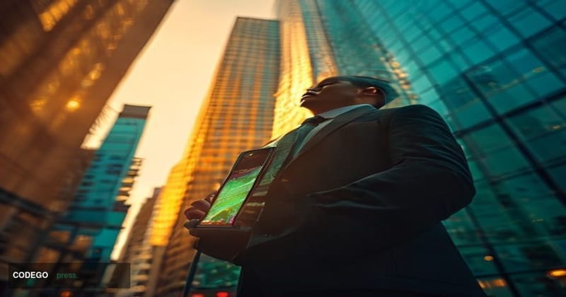 A cinematic editorial photograph taken at ground level looking up at a sleek glass-and-steel financial tower in São Paulo's F