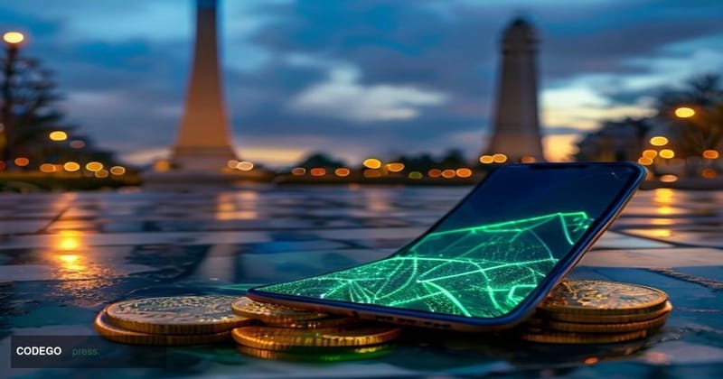 A cinematic editorial photograph set in Buenos Aires, Argentina, with the iconic Obelisco de Buenos Aires visible in the back