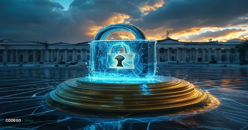 A cinematic editorial photograph depicting a massive glowing digital padlock rendered in cold steel-blue light, hovering abov