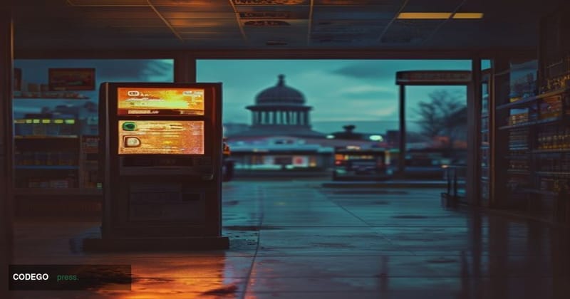A photorealistic editorial photograph of a standalone Bitcoin ATM kiosk situated inside a fluorescent-lit Texas convenience s