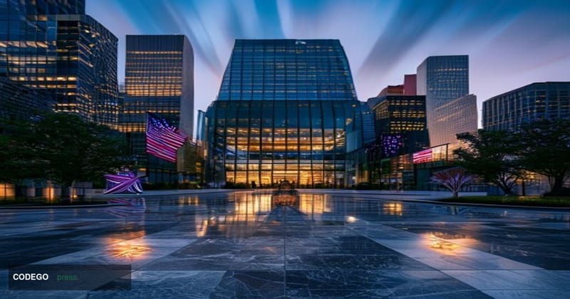 A dramatic wide-angle exterior shot of a modern glass-and-steel financial exchange building in downtown Dallas, Texas, at gol