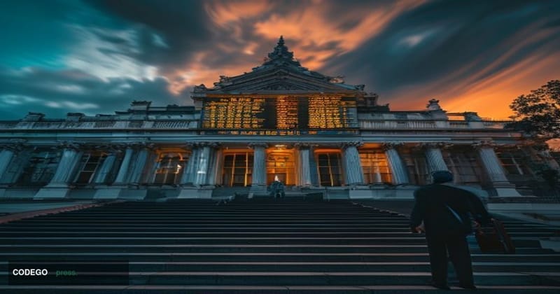 A cinematic editorial photograph set in Bangkok, Thailand, with the Bank of Thailand's neoclassical headquarters building pro