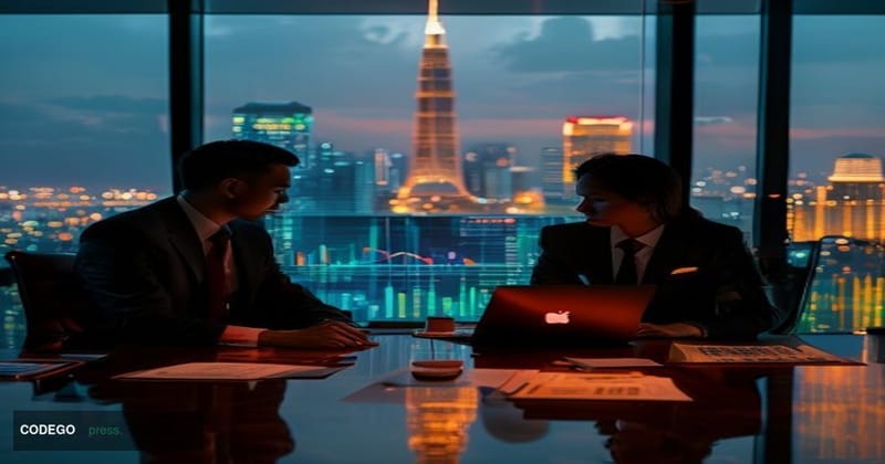 A cinematic editorial photograph set in Bangkok's financial district at dusk, with the iconic skyline including the Baiyoke T