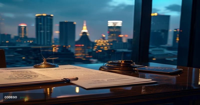 A dramatic editorial photograph set in Bangkok, Thailand, with the iconic skyline visible in the background through floor-to-