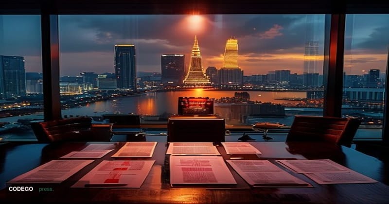 A dramatic cinematic editorial photograph set in Bangkok, Thailand, with the iconic skyline and Chao Phraya River visible in 
