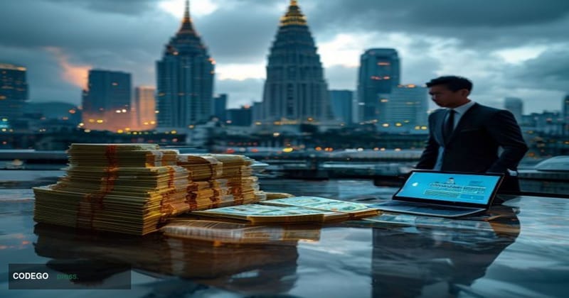 A cinematic editorial photograph set in Bangkok, Thailand, with the iconic Bank of Thailand headquarters building visible in 
