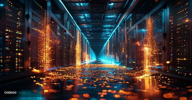 A cinematic editorial photograph depicting three illuminated digital bridge structures rendered as glowing fiber-optic condui