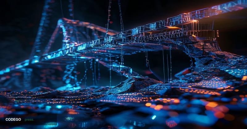 A photorealistic cinematic editorial photograph depicting three cracked and fractured digital bridge structures suspended in 