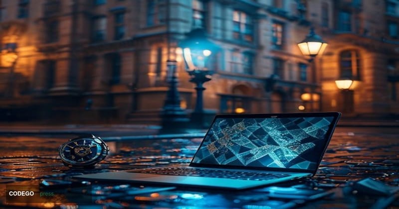 A cinematic editorial photograph set in London, with the iconic Metropolitan Police blue lamp glowing outside a blurred brick