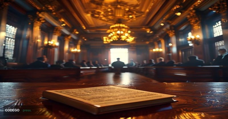 A cinematic editorial photograph of the United States Senate chamber interior, shot from a low angle looking toward the presi