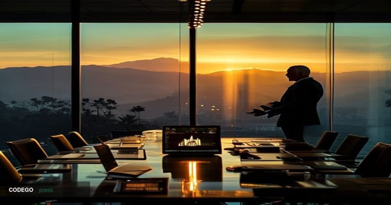 A cinematic editorial photograph set in a sleek Silicon Valley venture capital boardroom, with floor-to-ceiling windows overl