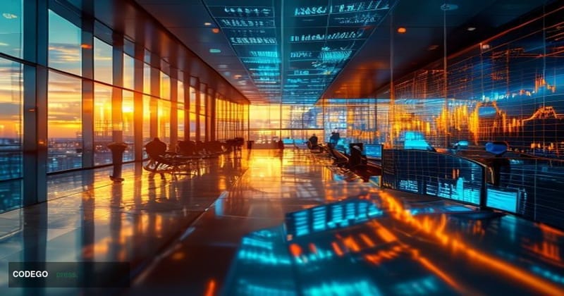 A dramatic cinematic editorial photograph set inside a futuristic yet grounded financial trading floor where holographic stoc