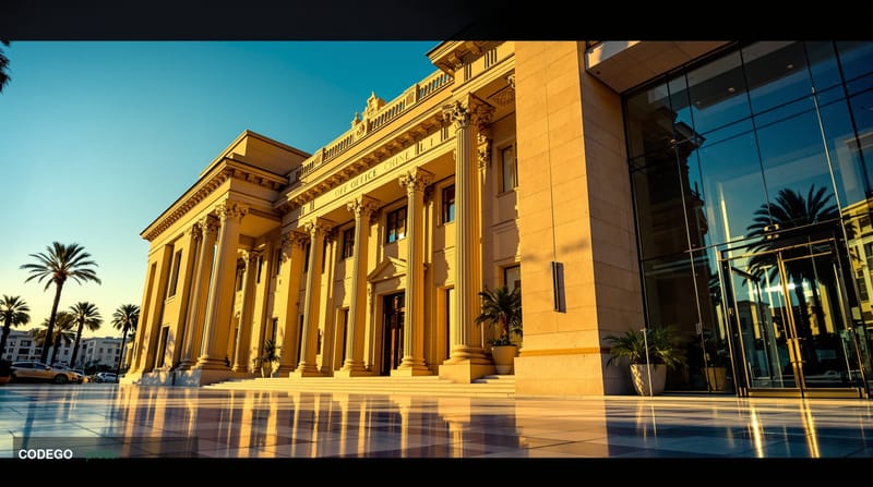 A cinematic editorial photograph set in Nicosia, Cyprus, featuring the iconic neoclassical architecture of a Cypriot financia