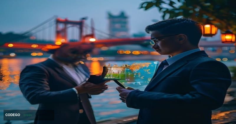 A cinematic editorial photograph set at twilight along the Hoan Kiem Lake waterfront in Hanoi, Vietnam, with the iconic red H