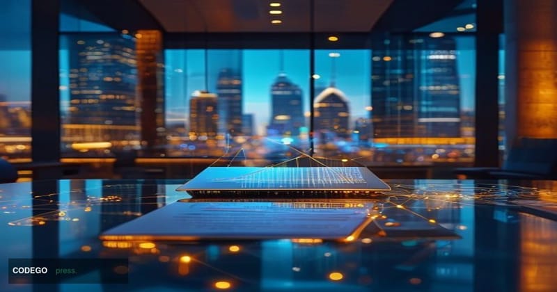 A cinematic editorial photograph of a modern institutional finance trading floor at twilight, bathed in a dramatic interplay 