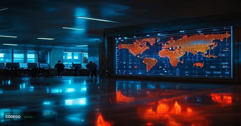 A cinematic editorial photograph set in a secure US Treasury operations center, with a large central monitor displaying a net