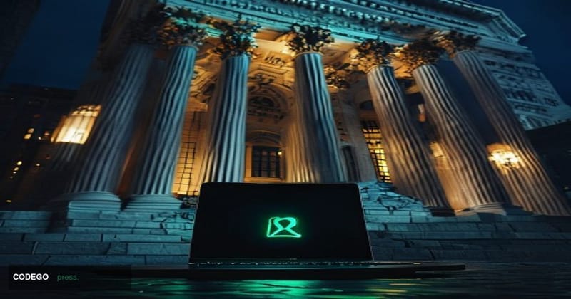 A dramatic photorealistic editorial photograph taken at a low-angle looking up at the neoclassical stone facade of the U.S. D