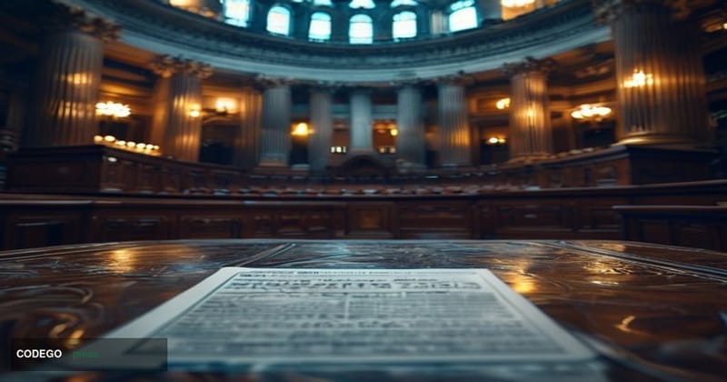 A cinematic editorial photograph set inside a grand neoclassical U.S. Senate chamber, with dramatic chiaroscuro lighting cast