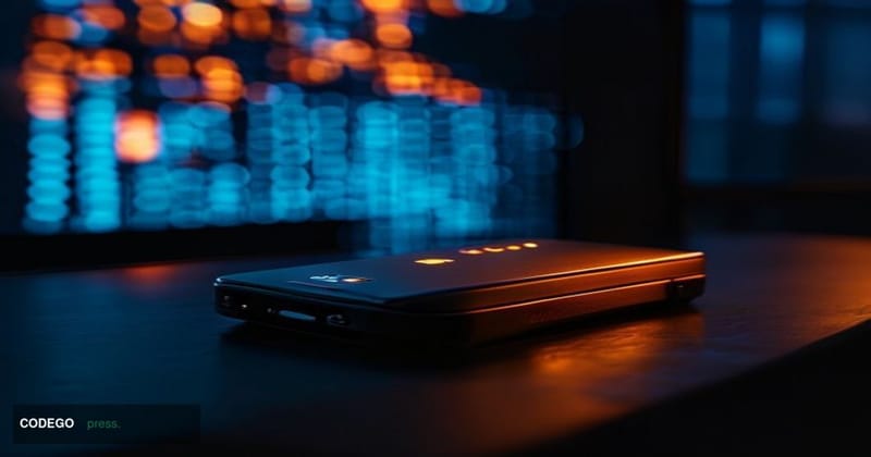 A cinematic editorial close-up of a Trezor hardware wallet device resting on a dark matte surface, with a faint glowing amber