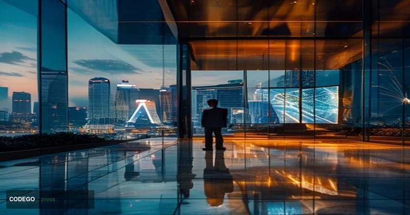 A cinematic editorial photograph set in Singapore's central business district at dusk, with the iconic Marina Bay skyline vis