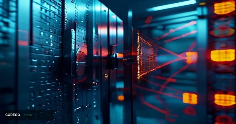 A cinematic editorial photograph of a cracked and partially shattered digital vault door, rendered in photorealistic 8K detai