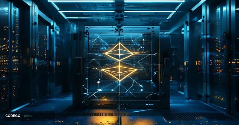 A dramatic cinematic editorial photograph depicting a cracked digital vault door rendered in dark gunmetal steel, situated in