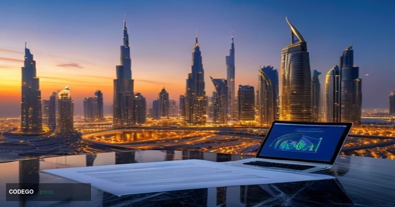 A cinematic editorial photograph set at dusk along Dubai's modern financial district skyline, with the gleaming glass towers 