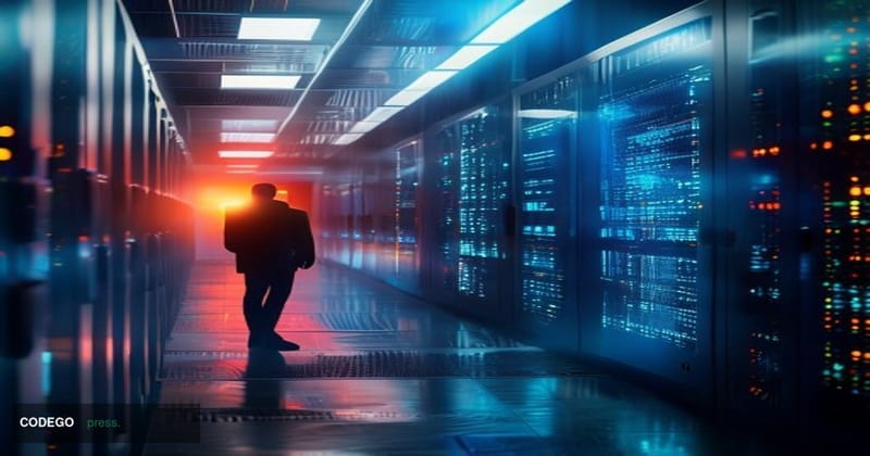 A dramatic cinematic editorial photograph set inside a sleek, modern cryptocurrency payment company server room, rendered in 