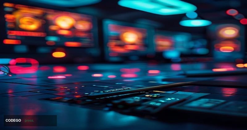 A cinematic editorial photograph set inside a dimly lit digital operations center, with multiple large monitors displaying bl
