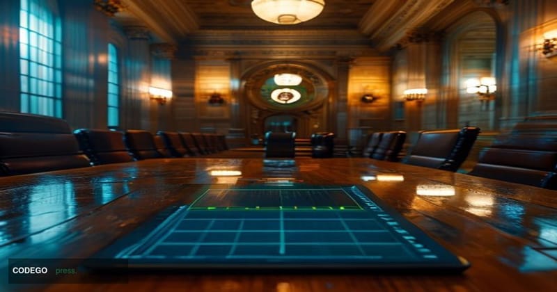 A dramatic cinematic editorial photograph set inside a grand Federal Reserve meeting chamber in Washington D.C., captured fro