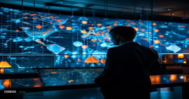 A dramatic cinematic editorial photograph set inside a modern compliance operations center, featuring a large curved display 