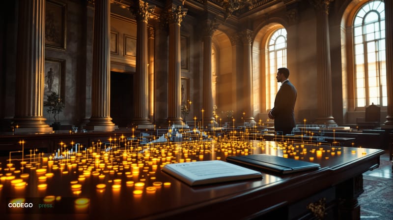 A dramatic cinematic editorial photograph set inside a grand neoclassical government chamber, referencing the White House's E