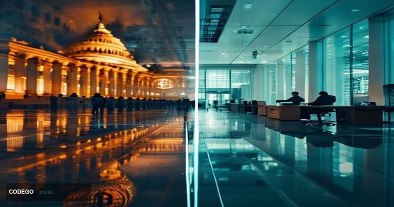 A cinematic editorial split-composition photograph evoking the intersection of politics, cryptocurrency, and digital banking.