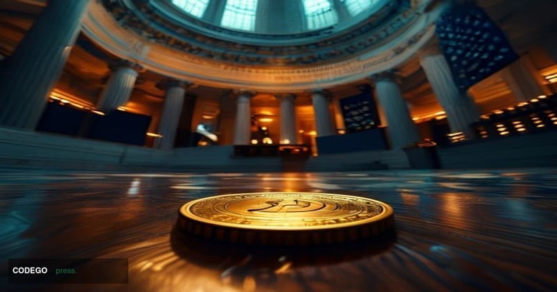 A cinematic editorial photograph set inside a grand congressional chamber, shot from a low angle looking up toward a central 