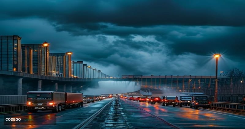 A dramatic cinematic editorial photograph taken at the U.S.-Canada border crossing at Niagara Falls, with the iconic falls vi