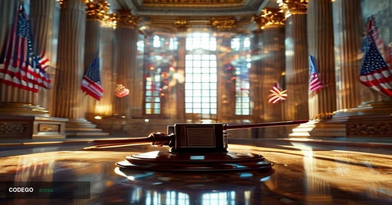 A cinematic editorial photograph set inside a grand federal government chamber in Washington D.C., with ornate marble columns