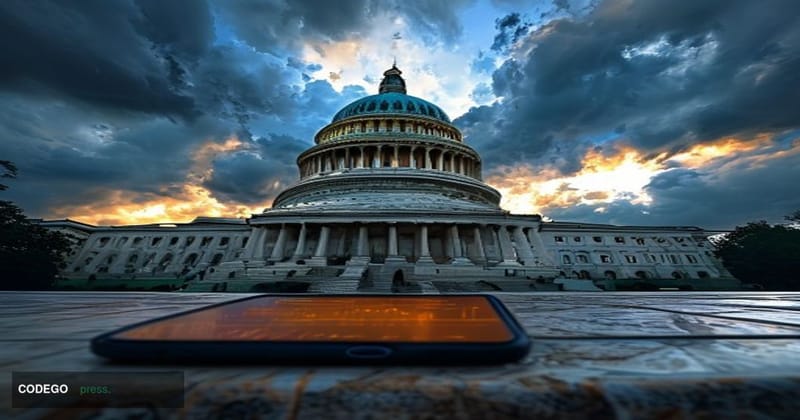 A cinematic editorial photograph shot from a low angle looking up at the United States Capitol building dome in Washington D.