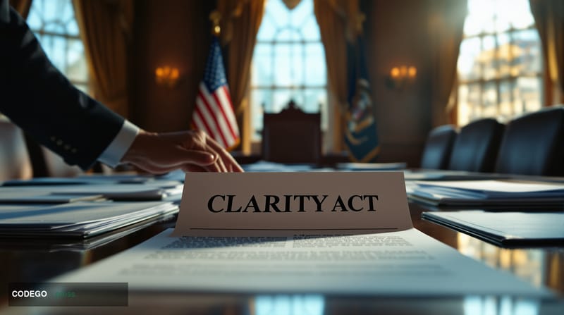 A cinematic editorial photograph set inside a wood-paneled Senate chamber antechamber or caucus room, with warm amber lightin