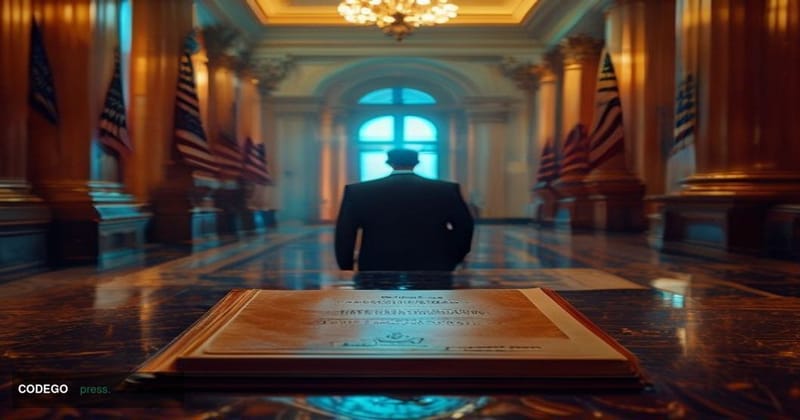 A dramatic photorealistic editorial photograph set inside a stately United States Senate chamber corridor, with polished marb