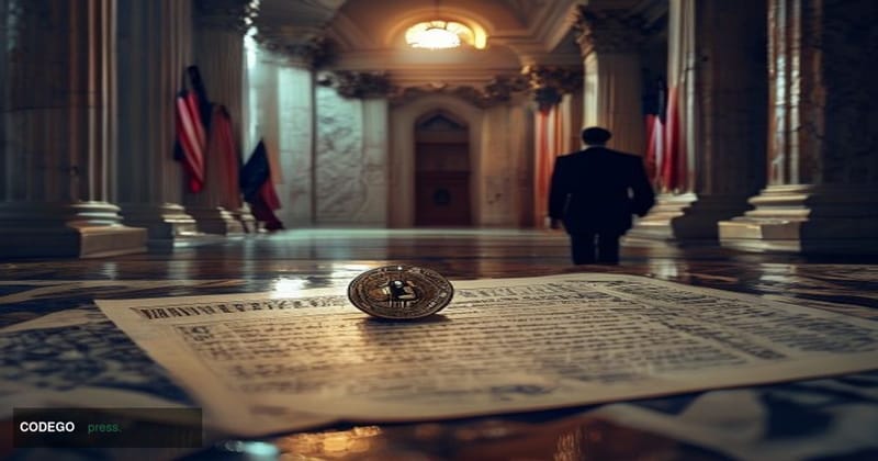 A photorealistic cinematic editorial photograph set inside a formal Washington D.C. federal government corridor, with marble 