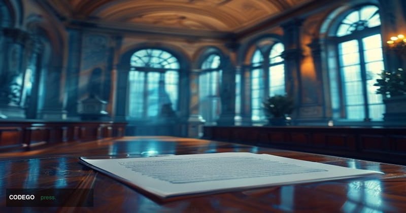 A cinematic editorial photograph set inside a grand governmental corridor resembling the White House West Wing, with warm amb