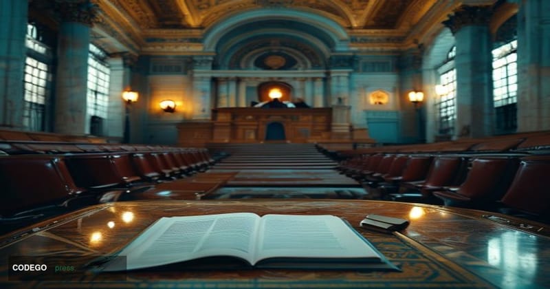 A solemn, cinematic editorial photograph set inside the United States Senate chamber in Washington D.C., captured from a slig